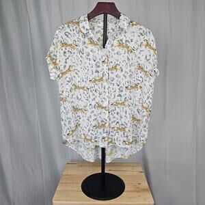 Jane + Delancey Cheetah Print Button Blouse L White Yellow Animal Short Sleeve